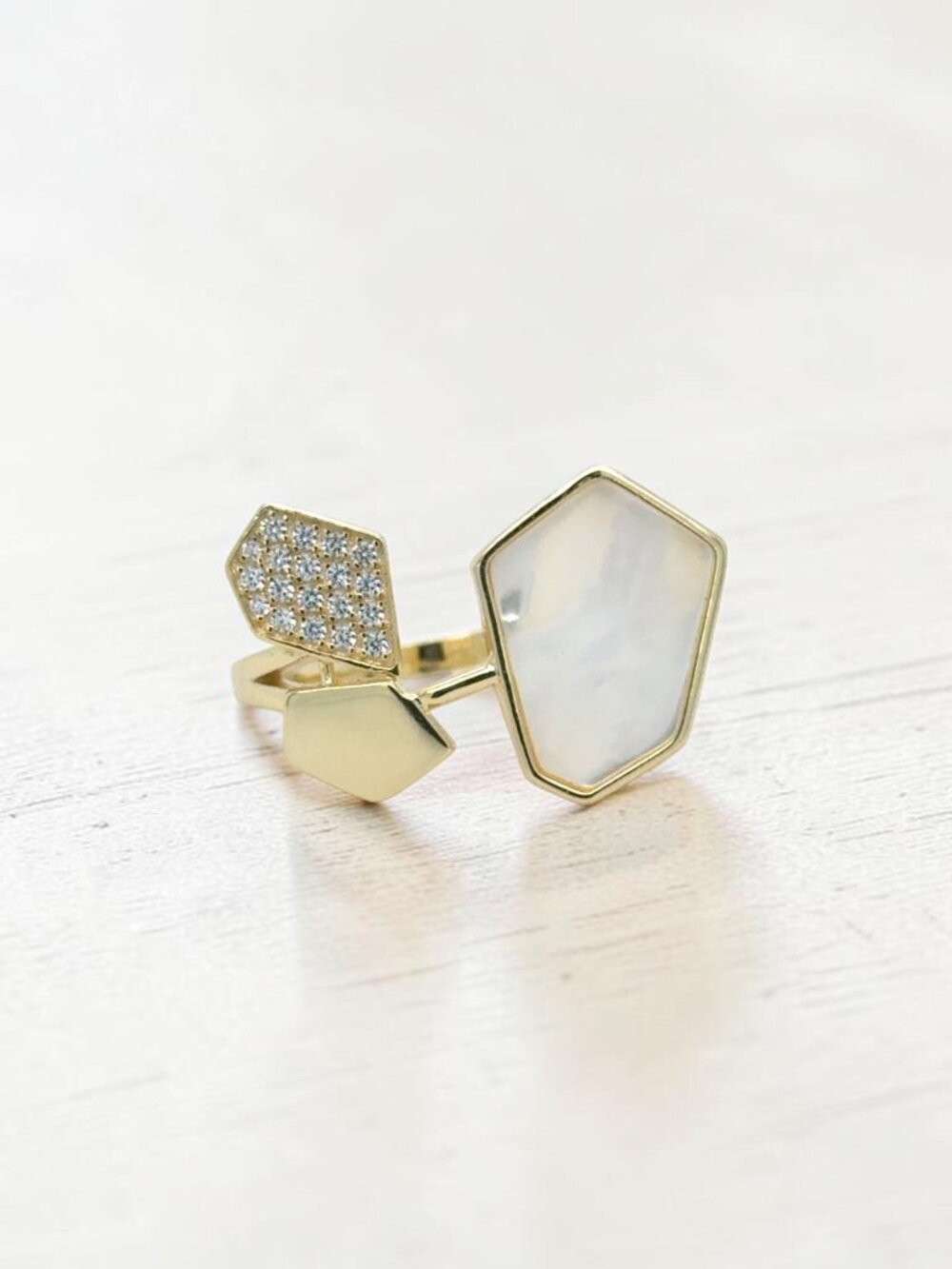 CZ and Mother of Pearl Ring in 14kt Yellow Gold Plated 925 Sterling Silver